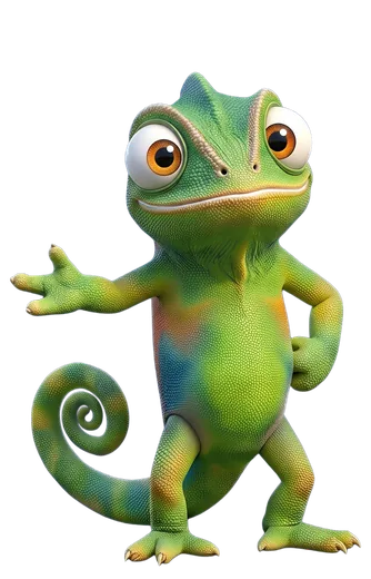 Nex, de kameleon van Unexus, wijst met een open hand