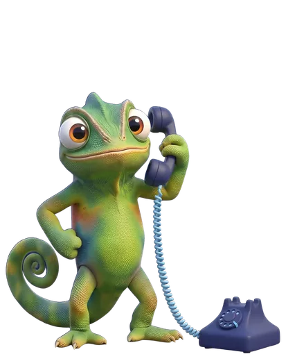 Nex, de kameleon van Unexus, belt met een vaste telefoon
