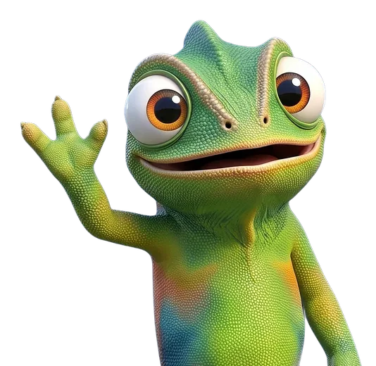 Nex, de kameleon van Unexus, zwaait